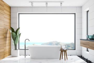 White panoramic bathroom interior with scenery