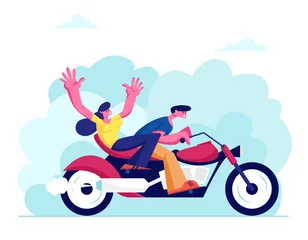 Foto op Plexiglas Young Loving Couple Riding Motorbike on Nature Background at Summer Time Weather. Girl and Man Having Vacation Sparetime, Leisure Romantic Journey Love Human Relations Cartoon Flat Vector Illustration © Pavlo Syvak