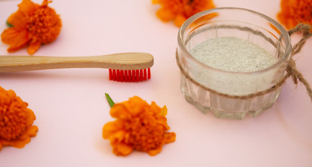 Wooden brushes, tooth powder, on a pink background. Zero waste concept, close up.
