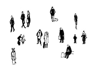 People with bags and suitcases at the station. Waiting hall. Black and white sketch.