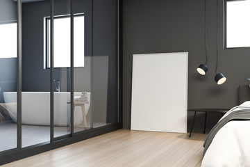 Poster in gray bedroom interior with bathroom