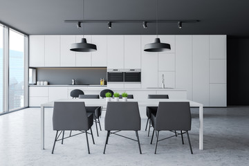 Gray panoramic kitchen with table
