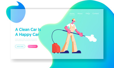 Car Wash Service Employee at Work Website Landing Page. Worker Wearing Uniform with High Pressure Washer Pouring Water Jet. Cleaning Company Work Web Page Banner. Cartoon Flat Vector Illustration
