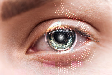 close up view of human green eye with data illustration, robotic concept