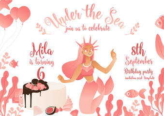 Pink template cards and invitations for a birthday party with a beautiful mermaid in the sea.