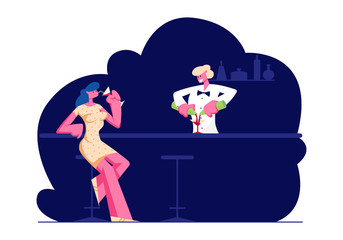 Woman Visiting Night Club. Female Character Sit at High Chair Drinking Beverages on Bar Counter with Barman Making Cocktail in Modern Restaurant. Nightlife Spare Time. Cartoon Flat Vector Illustration