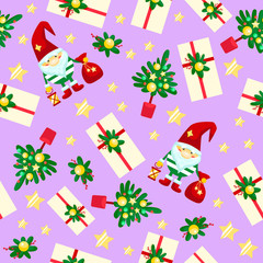 Christmas seamless pattern gifts, Christmas tree and gnome on lilac background