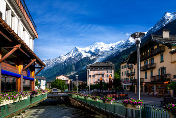 Chamonix Mont Blanc village with high alpine mountains range in french Alps landscapes with...