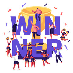 Fototapeta premium Winner Concept with Cheerleaders Team Making Pyramid on Sports Competition and Cheerful People around Golden Cup and Confetti. Sport Poster Banner Flyer Brochure. Cartoon Flat Vector Illustration