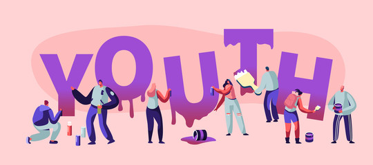 Youth Concept with Street Artist Teenagers Painting Graffiti. Urban Teens City Lifestyle, Young People Creative Hobby Activity Drawing Poster Banner Flyer Brochure. Cartoon Flat Vector Illustration