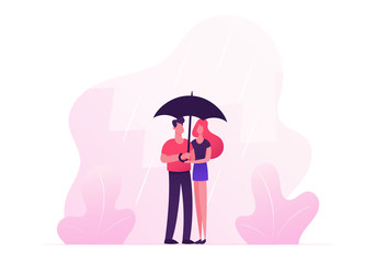 Loving Happy Couple Hugging, Holding Hands and Walking under Umbrella in Rainy Autumn Weather
