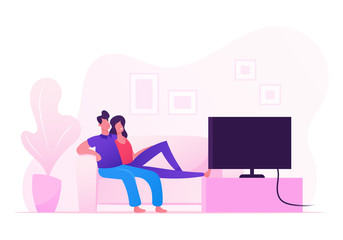 Young Loving Couple Watching TV at Home. Male and Female Characters Sitting on Couch Together Spending Time in Weekend Evening. Love, Leisure, Day Off Sparetime. Cartoon Flat Vector Illustration