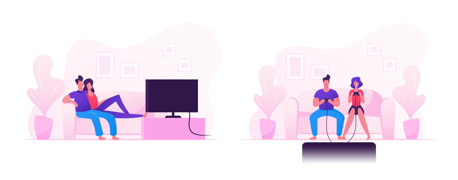 Young Family Couple Sitting on Sofa Playing Computer Games on Gaming Console and Watching Tv Set. Home Leisure Spare Time, Virtual Reality. People Spending Free Time Cartoon Flat Vector Illustration