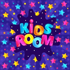 Kid's playroom banner with colorful letters and stars cartoon vector illustration.