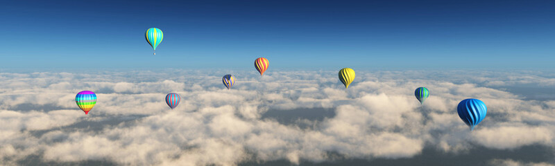 Fototapeta premium Balloons over the clouds. Balloons flying high in the sky.