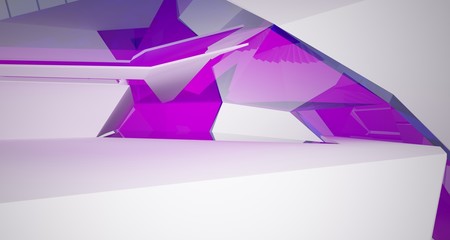 Fototapeta premium Abstract architectural glass violet interior of a minimalist house with large windows. 3D illustration and rendering.