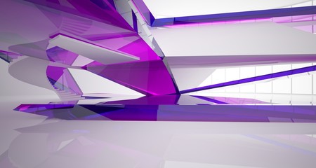 Abstract architectural glass violet interior of a minimalist house with large windows. 3D illustration and rendering.