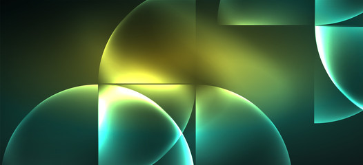 Techno glowing glass geometric shapes vector background, futuristic dark template with neon light effects and simple forms