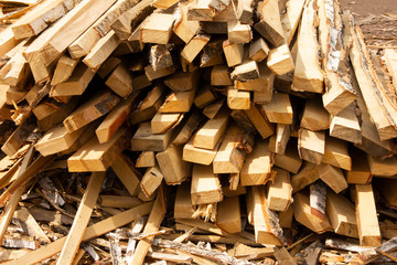 sawing trees into small bars. tree processing. logging for the winter.