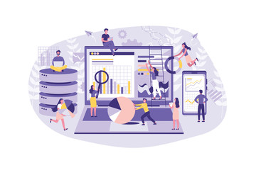 Fototapeta na wymiar Business Concept Data analysis, Creative Teamwork, Audit. People conduct statistics Project on the Internet. Collective performance of tasks. The monitor screen is a Chart. Cartoon flat Design