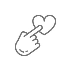 Finger point to heart button, feedback, customer review, positive line icon.