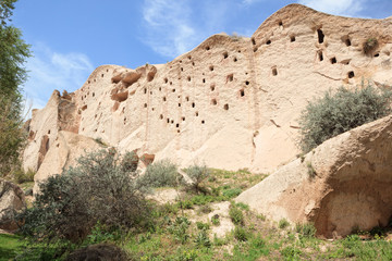 Cave dwellings in Cat Valley in Cappadocia, Turkey. The farmers carved Pigeon Houses into the stone...