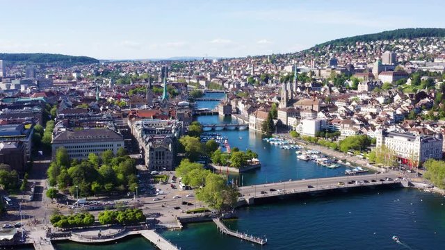 4k drone Aerial view of Zurich  city waterfront in Switzerland