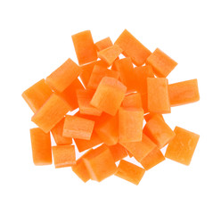 Pile of Brunoise carrots isolated on white background, Top view