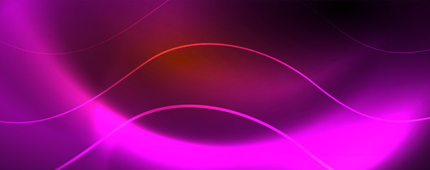 Bright neon circles and wave lines, glowing shiny background design template, digital techno concept.