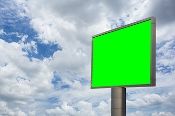 blank sign board with chroma key green screen on sky background.