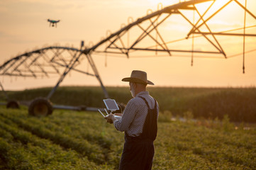 Farmer with drone in field with irrigation system