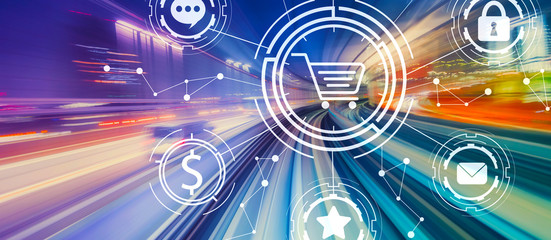 Online shopping theme with abstract high speed technology POV motion blur