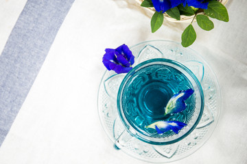 cup of pea tea and flowers on table