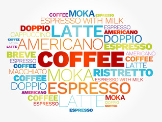 Fototapeta premium Types of Coffee drinks word cloud background