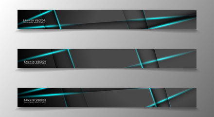 Banner collection, vector background with glowing neon blue stripes in a dark room.