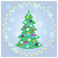 decorated Christmas tree on blue winter background with garland