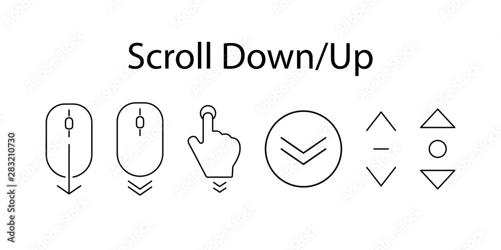 Poster set of linear icons scroll down, up. set of scrolling icons for a website, web design, mobile apps. 