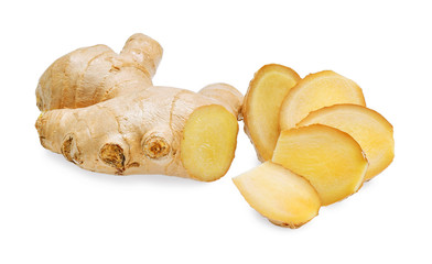 Ginger root, slices of ginger isolated on white background
