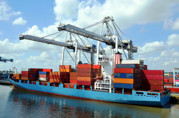 Cargo container ship in the port of Savannah, Georgia. 