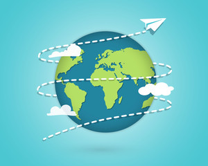 Paper Plane flying around the globe. Around the world travelling by plane, airplane trip in various country. Planet Earth. Travel and tourism concept