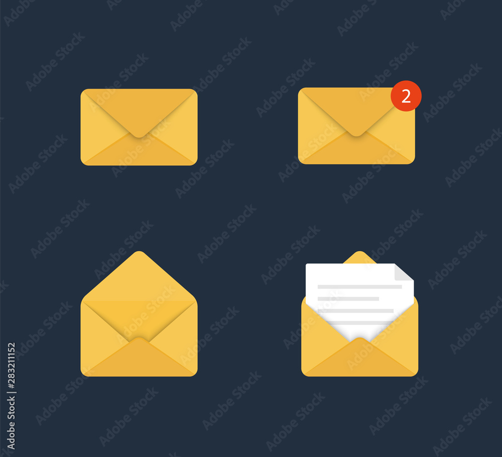 Poster set of icons mail, e-mail. opened and closed envelope. online postal sign.paper document enclosed in