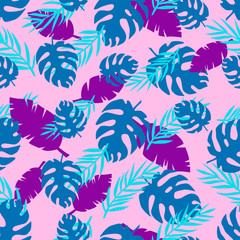 Fototapeta na wymiar Tropical seamless pattern with bright leaves of monstera and palm trees.
