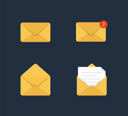Set of icons Mail, E-mail. Opened and closed envelope. Online postal sign.Paper document enclosed in an envelope. New Message. Mail icon. Vector illustration.