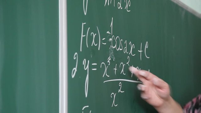 Female student near a school blackboard with math formulas