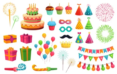 Foto op Aluminium Cartoon party kit. Rocket fireworks, colorful balloons and birthday gifts. Carnival masks and sweet cupcakes, fireworks, balloons and cupcakes. Isolated vector illustration icons set © Tartila