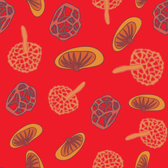 Vector mushroom seamless pattern. Different mushrooms in warm red, violet, orange tones on red background.