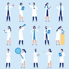Scientists people. Science lab worker, chemical researchers and scientist professor character. laboratory creative scientist job, medicine workers characters. Isolated flat vector icons set - obrazy, fototapety, plakaty