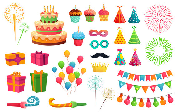 Cartoon party kit. Rocket fireworks, colorful balloons and birthday gifts. Carnival masks and sweet cupcakes, fireworks, balloons and cupcakes. Isolated vector illustration icons set