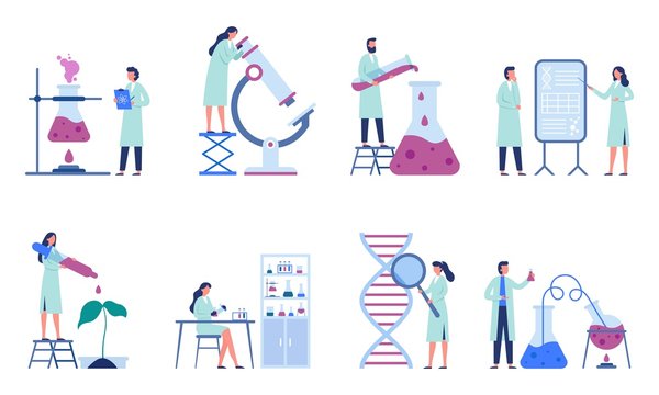 Working scientists. Professional lab research, chemistry laboratory workers and science researchers. Infection scientists, biologist engineer working. Isolated flat vector illustration icons set