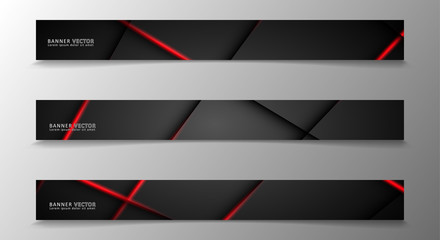 Banner collection, vector background with glowing neon red stripes in a dark room.